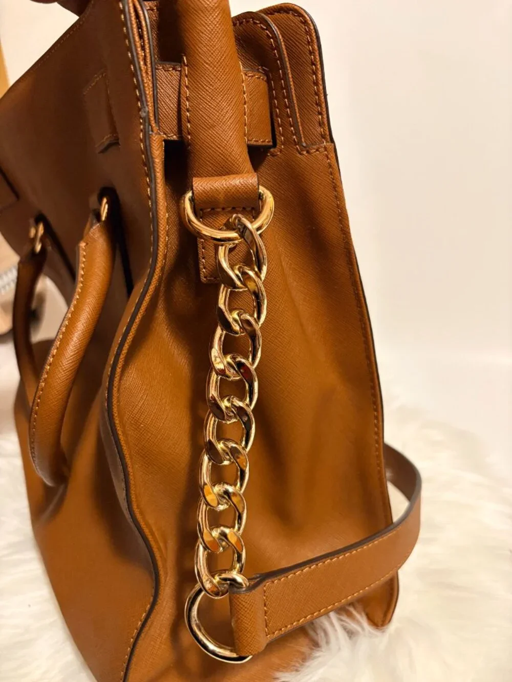 Michael Kors Hamilton Large Saffiano Leather Satchel Brown Gold Lock Bag NWOT